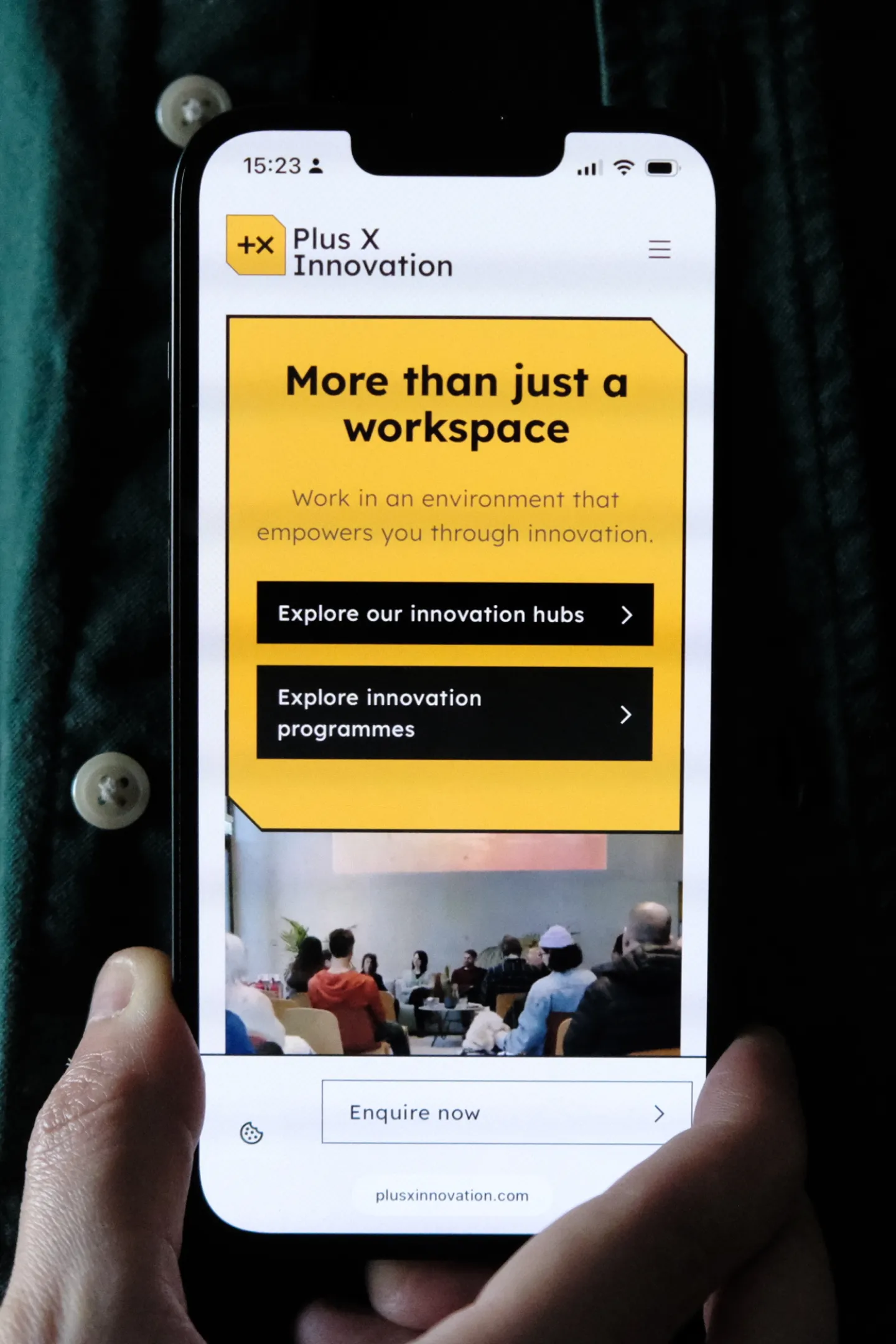 Phone screen shows Plus X Innovation with workspace message, exploration buttons, and people meeting below.