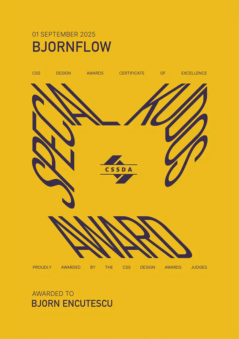 CSS Design Awards certificate of excellence for Bjornflow awarded to Bjorn Encutescu with stylized text on a mustard yellow background.