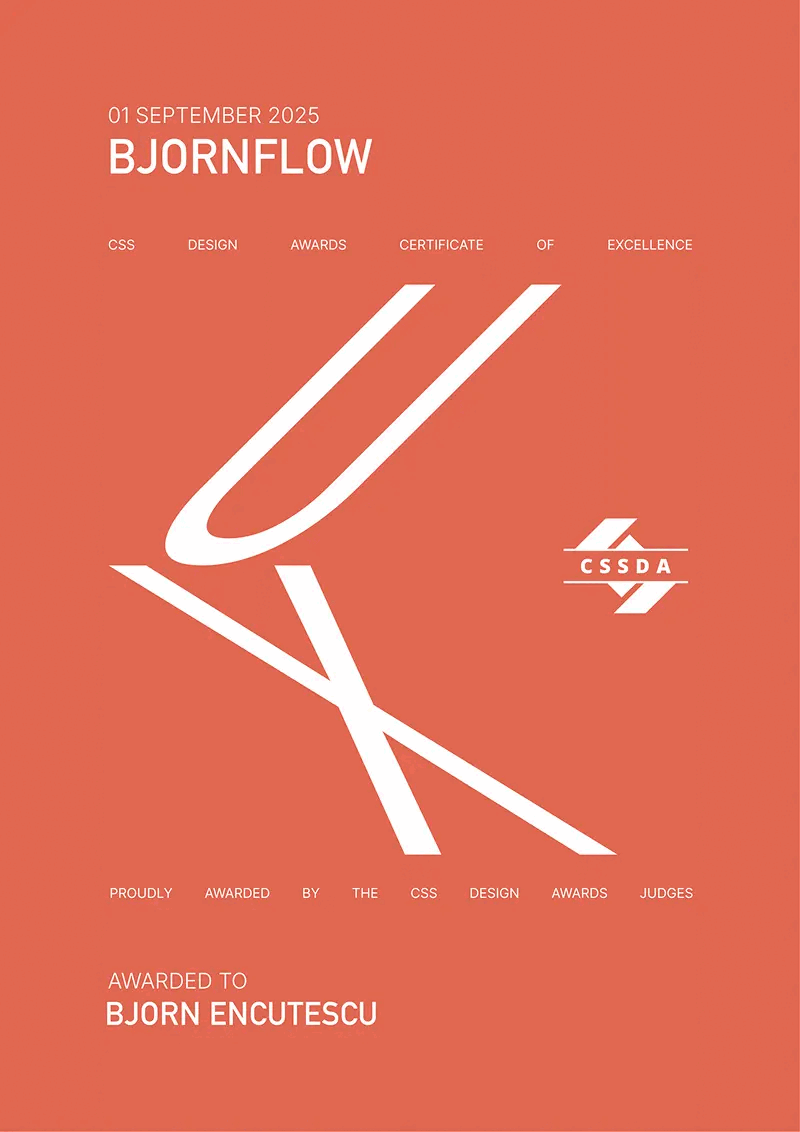 Certificate of Excellence dated 01 September 2025 awarded by CSS Design Awards to Bjorn Encutescu with large stylized white letters 'UX' on a red background.