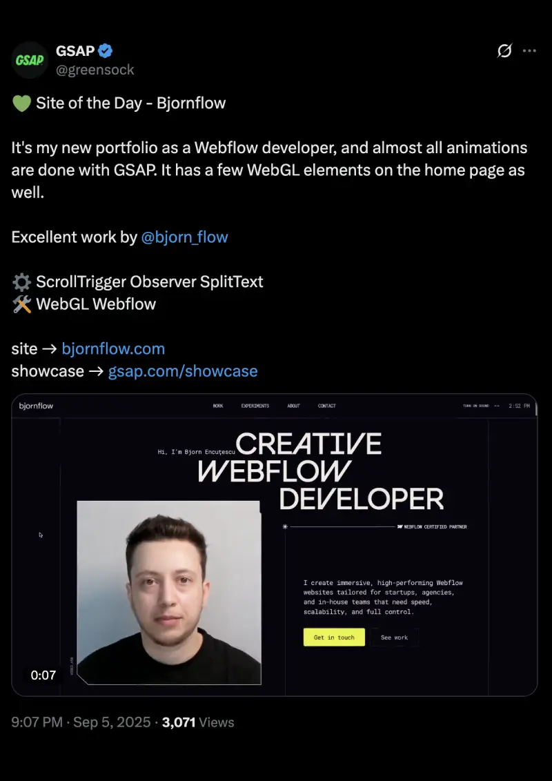 Tweet from GSAP showcasing Bjornflow's Webflow developer portfolio with a website preview featuring a portrait and text about immersive, high-performance Webflow sites.